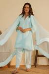 Buy_Shrutkirti_Blue Pure Cotton Embroidery Floral V Neck Cutwork Pattern Kurta Set _at_Aza_Fashions