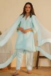 Buy_Shrutkirti_Blue Pure Cotton Embroidery Floral V Neck Cutwork Pattern Kurta Set _Online_at_Aza_Fashions