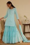 Buy_Shrutkirti_Blue Pure Cotton Embroidery Floral Schiffli Pattern Kurta Gharara Set _Online_at_Aza_Fashions