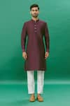 RNG Safawala_Wine Cotton Silk Embroidered Thread Kurta Set With Nehru Jacket _Online_at_Aza_Fashions