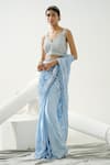 Buy_Tamaraa By Tahani_Blue Satin Silk Embroidery Sequin Leaf Neck Lyre Saree With Blouse _Online_at_Aza_Fashions