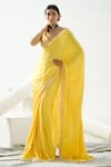 Buy_Tamaraa By Tahani_Yellow Satin Silk Embroidery Bead Leaf Neck Celeste Placement Saree With Blouse _at_Aza_Fashions