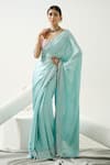 Buy_Tamaraa By Tahani_Green Satin Silk Embroidery Sequin Sweetheart Neck Ocean Cutdana Saree Set _at_Aza_Fashions