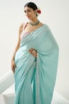 Shop_Tamaraa By Tahani_Green Satin Silk Embroidery Sequin Sweetheart Neck Ocean Cutdana Saree Set _at_Aza_Fashions
