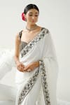 Shop_Tamaraa By Tahani_White Satin Silk Embroidery Bead Carol Floral Border Saree With Blouse _at_Aza_Fashions