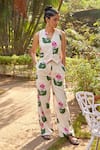 Jodi_White Handloom Cotton V-neck Printed Waistcoat And Pant Set _Online_at_Aza_Fashions