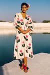 Buy_Jodi_White Handloom Cotton Hand Block Print Whimsy Abstract V Neck Dione Dress _at_Aza_Fashions