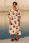 Jodi_White Handloom Cotton Hand Block Print Whimsy Abstract V Neck Dione Dress _Online_at_Aza_Fashions