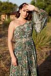 Shop_Harsha Khatry_Green Chinon Chiffon Print Floral Asymmetric Tropical Gown With Belt  _Online_at_Aza_Fashions