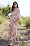 Harsha Khatry_Beige Chinon Chiffon Print Vintage Floral V Neck Kaftan With Belt  _Online_at_Aza_Fashions