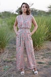 Buy_Harsha Khatry_Beige Chinon Chiffon Print Vintage Floral V Neck Jumpsuit With Belt  _at_Aza_Fashions