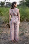 Shop_Harsha Khatry_Beige Chinon Chiffon Print Vintage Floral V Neck Jumpsuit With Belt  _at_Aza_Fashions