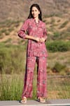 Buy_Harsha Khatry_Wine Muslin Silk Print Tropical Geometric Collared Shirt And Pant Set  _at_Aza_Fashions