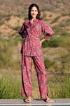 Buy_Harsha Khatry_Wine Muslin Silk Print Tropical Geometric Collared Shirt And Pant Set  _Online_at_Aza_Fashions