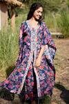 Harsha Khatry_Blue Fine Tussar Silk Printed And Hand Embroidered Kaftan & Pant Set  _at_Aza_Fashions