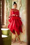 Buy_Varun Bahl_Red Mono Net Embroidery Flower 3d Florl Cape Skirt Set _at_Aza_Fashions
