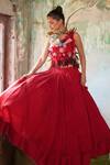 Buy_Varun Bahl_Red Organza 4x4 Embroidery Flower Corsages V Floral Top With Skirt _at_Aza_Fashions