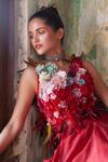 Buy_Varun Bahl_Red Organza 4x4 Embroidery Flower Corsages V Floral Top With Skirt _Online_at_Aza_Fashions