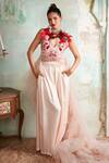 Buy_Varun Bahl_Pink Mono Net Embroidery Floral Corsages V Neck Top With Trouser _at_Aza_Fashions