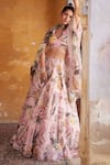 Shop_Varun Bahl_Pink Organza Printed Floral V Swarovski Embellished Bridal Lehenga Set  _at_Aza_Fashions