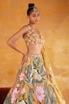 Varun Bahl_Yellow Chanderi Embellished 3d Floral Plunge V Neck Draped Lehenga Set _Online_at_Aza_Fashions