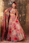 Buy_Varun Bahl_Pink Organza Printed Floral V Neck Bridal Lehenga Set _at_Aza_Fashions