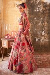 Varun Bahl_Pink Organza Printed Floral V Neck Bridal Lehenga Set _Online_at_Aza_Fashions