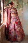 Varun Bahl_Pink Organza Printed Floral V Neck Bridal Lehenga Set _at_Aza_Fashions
