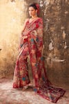 Buy_Varun Bahl_Pink Organza Printed 3d Floral Plunge V Neck Saree With Bralette For Women_at_Aza_Fashions