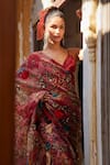Shop_Varun Bahl_Pink Organza Printed 3d Floral Plunge V Neck Saree With Bralette For Women_at_Aza_Fashions