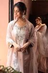 Kalighata_Pink Organza Embroidery Floral Round Neck Zardozi Kurta Set  _Online_at_Aza_Fashions