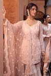 Shop_Kalighata_Peach Organza Embroidery Sequins Naira Quatrefoil Kurta And Sharara Set _at_Aza_Fashions