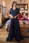 Buy_Kalighata_Blue Satin Embroidery Flower V Pestry Floral Yoke Anarkali With Pant  _at_Aza_Fashions