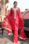 Buy_Kalighata_Red Organza Print Bandhani V Neck Kurta Sharara Set  _at_Aza_Fashions