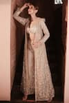 Shop_Kalighata_Grey Net Embroidery Floral Blouse V Neck Sequin Jacket Sharara Set  _at_Aza_Fashions