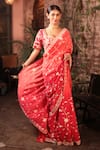 Buy_Kalighata_Red Tussar Embroidered Floral Jaal Saree With Unstitched Blouse Piece _at_Aza_Fashions