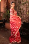 Shop_Kalighata_Red Tussar Embroidered Floral Jaal Saree With Unstitched Blouse Piece _at_Aza_Fashions
