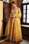 Buy_Kalighata_Yellow Chanderi Embroidered Floral V Zardozi Anarkali With Dupatta  _at_Aza_Fashions