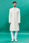 RNG Safawala_Off White Raw Silk Embroidery Thread Resham Sherwani Set _Online_at_Aza_Fashions