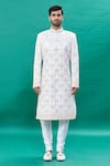 RNG Safawala_Off White Raw Silk Embroidery Thread Sequin Sherwani Set _Online_at_Aza_Fashions