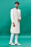 Buy_RNG Safawala_Off White Raw Silk Embroidery Thread Mandarin Collar Sherwani Set _Online_at_Aza_Fashions