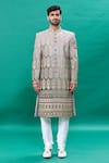 RNG Safawala_Grey Velvet Silk Embroidery Thread Ombre Sherwani Set _Online_at_Aza_Fashions