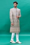 Buy_RNG Safawala_Grey Velvet Silk Embroidery Thread Ombre Sherwani Set _Online_at_Aza_Fashions