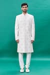 RNG Safawala_Off White Raw Silk Embroidery Thread Stone Sherwani Set _Online_at_Aza_Fashions