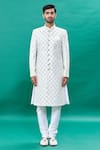 RNG Safawala_Off White Raw Silk Embroidery Thread Tropical Sherwani Set _Online_at_Aza_Fashions