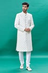 Buy_RNG Safawala_Off White Raw Silk Embroidery Thread Tropical Sherwani Set _Online_at_Aza_Fashions