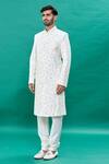 RNG Safawala_Off White Raw Silk Embroidery Thread And Stone Floral Sherwani Set _Online_at_Aza_Fashions