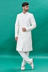 Buy_RNG Safawala_Off White Raw Silk Embroidery Thread And Stone Floral Sherwani Set _Online_at_Aza_Fashions