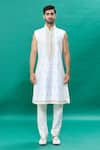 RNG Safawala_Off White Raw And Dupion Embroidery Thread Jacket Sherwani Set For Kids For Kids_Online_at_Aza_Fashions