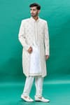 Buy_RNG Safawala_Off White Raw And Dupion Embroidery Thread Jacket Sherwani Set For Kids For Kids_Online_at_Aza_Fashions